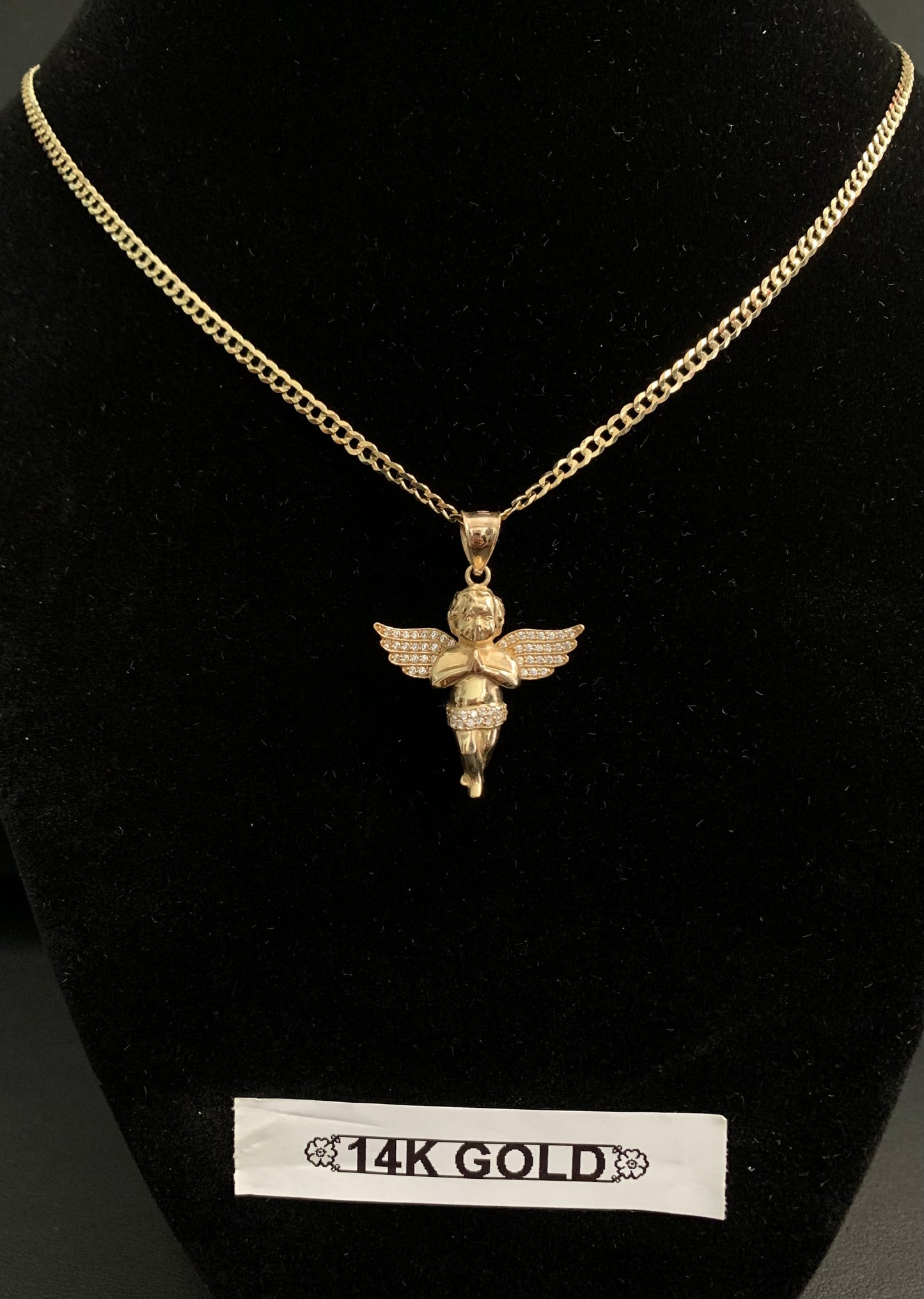 14K Solid Gold Zircon Angel Pendant With Necklace