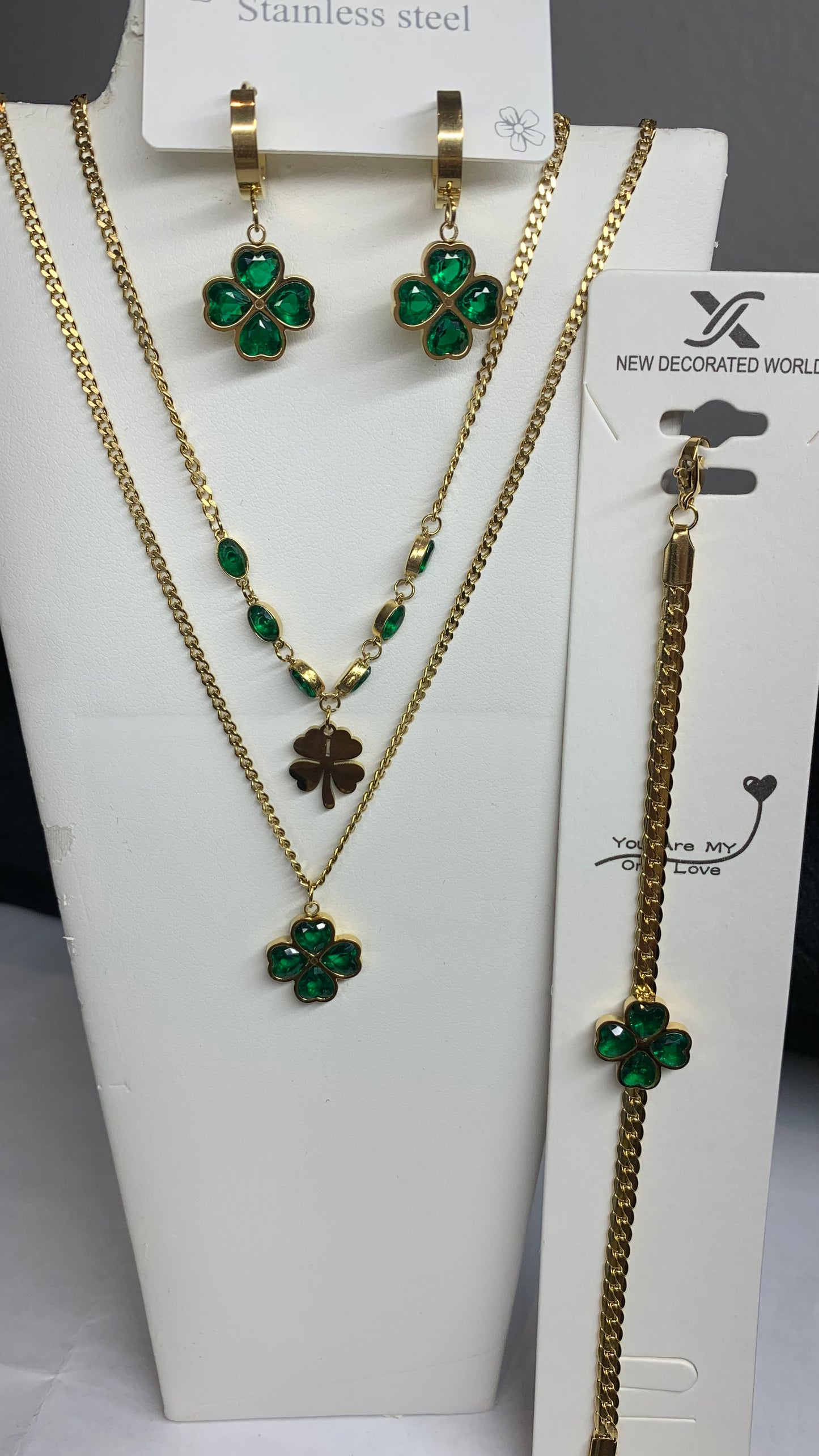 Green Four leaf Clover Double Chain 3 pcs Set: necklace, Bracelet and Earring,