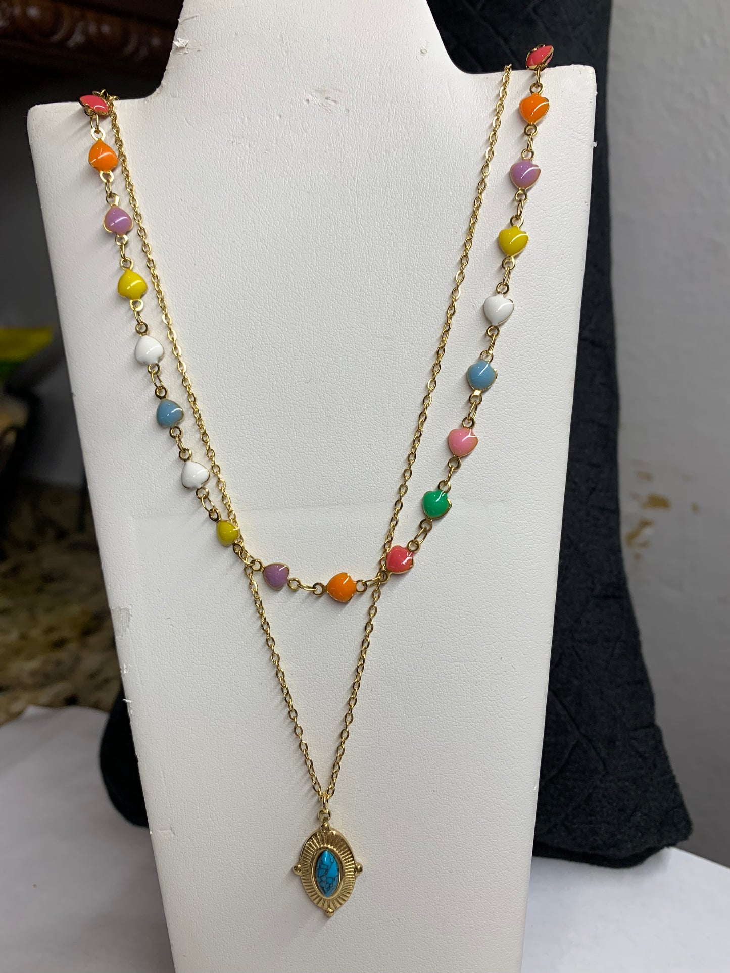 Stainless Steel Multi color Double layered necklace, Oval pendant.