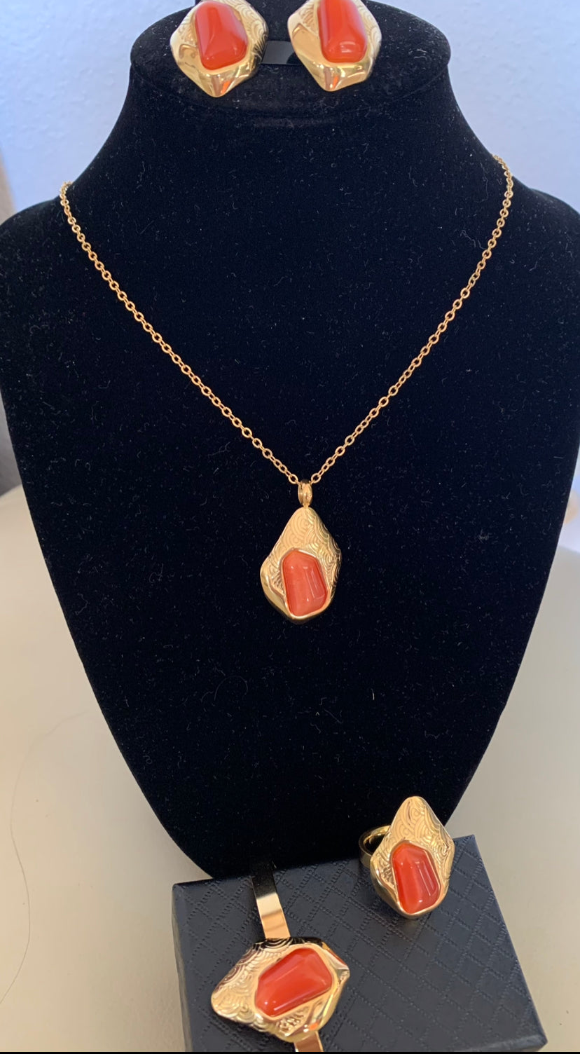 Stainless Steel gold Plated necklace, Bangle, Ring and Earring Set