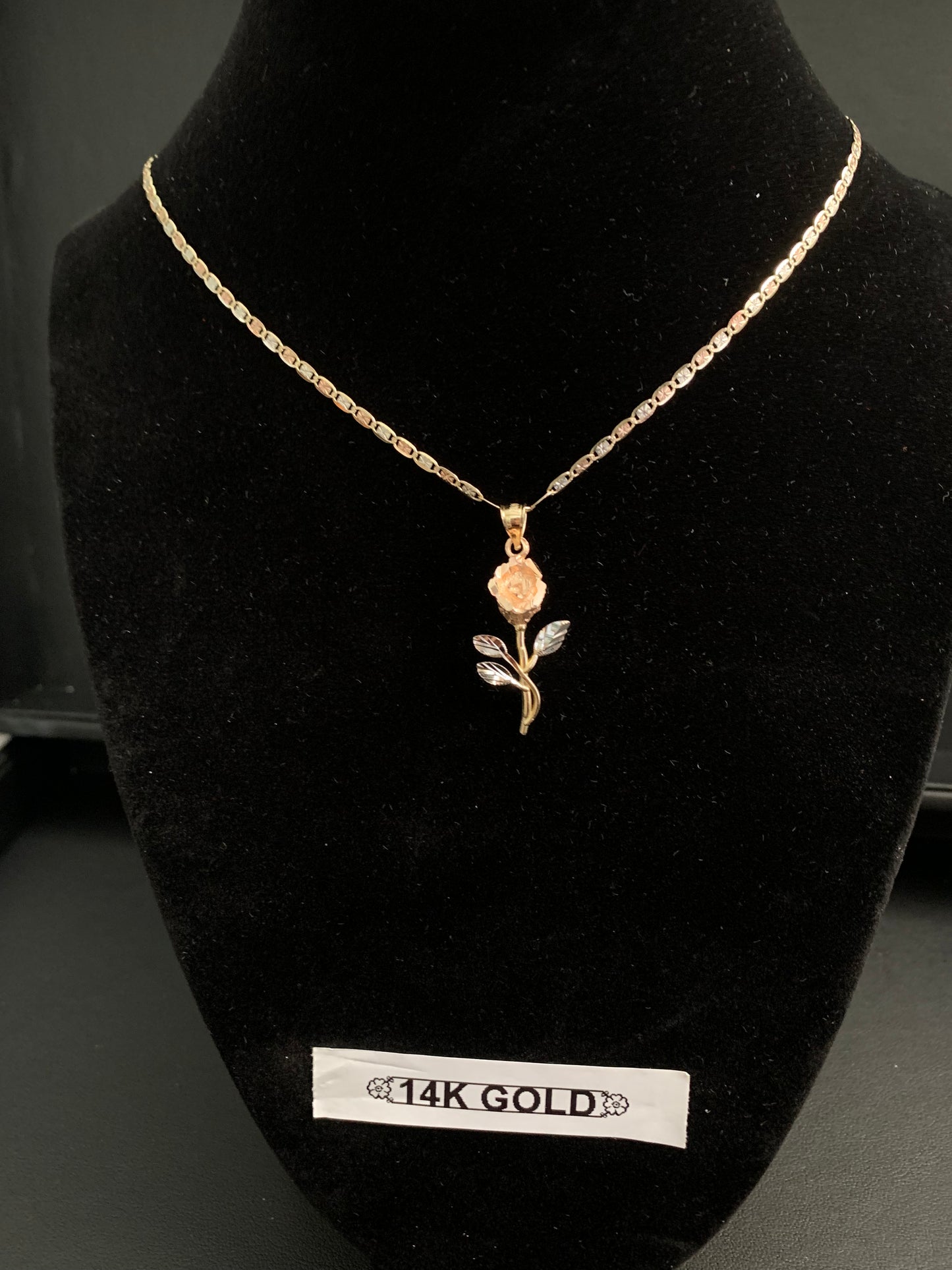 14K Real Three Color Gold 15" Necklace + flower Pendant