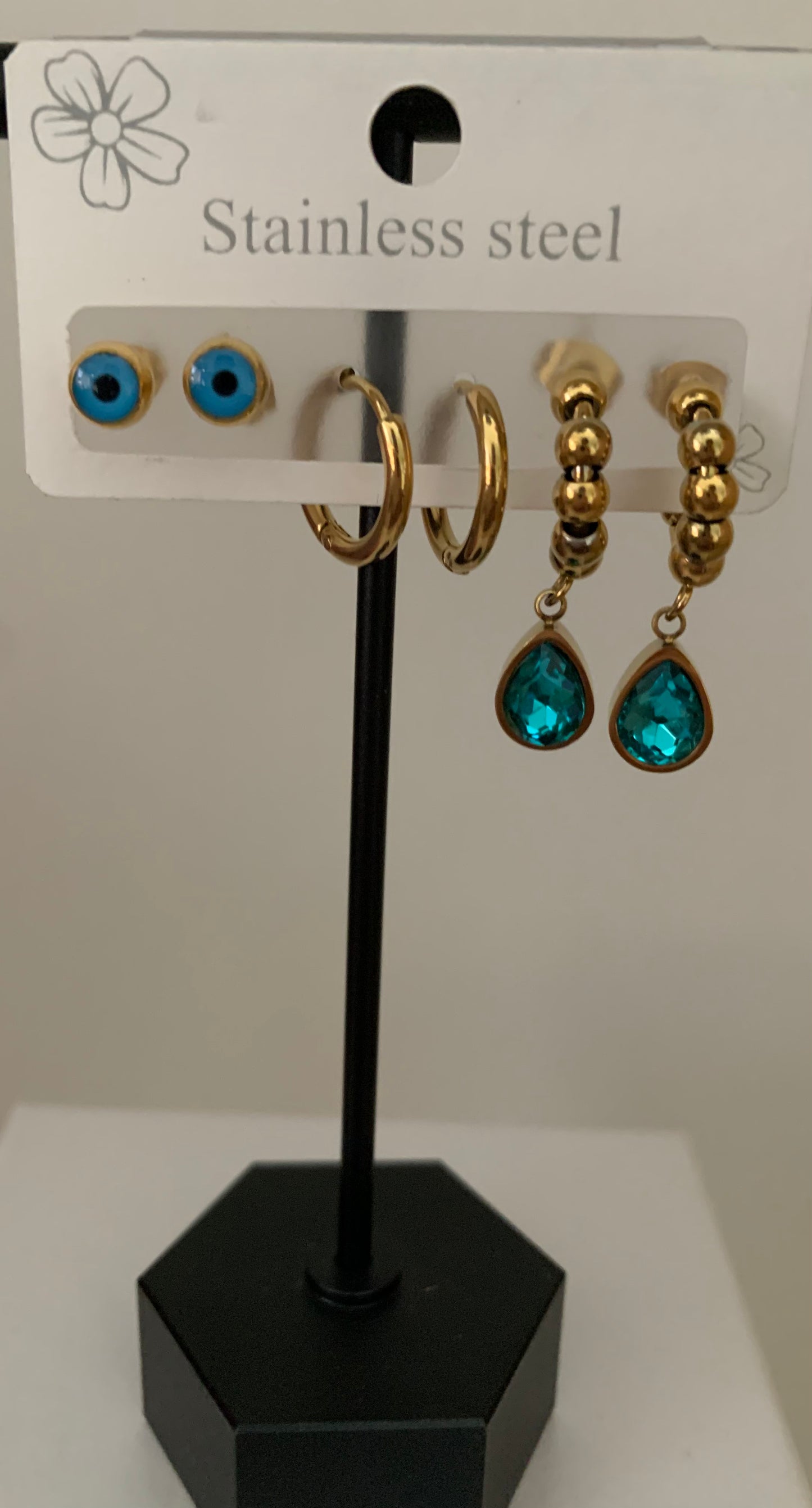 Stainless Steel Tear Drop and Evil Eye Earrings Set
