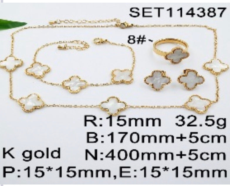 Four Leaf Clover 4pcs Set Five Leaf Necklace Gold/Stainless Steel