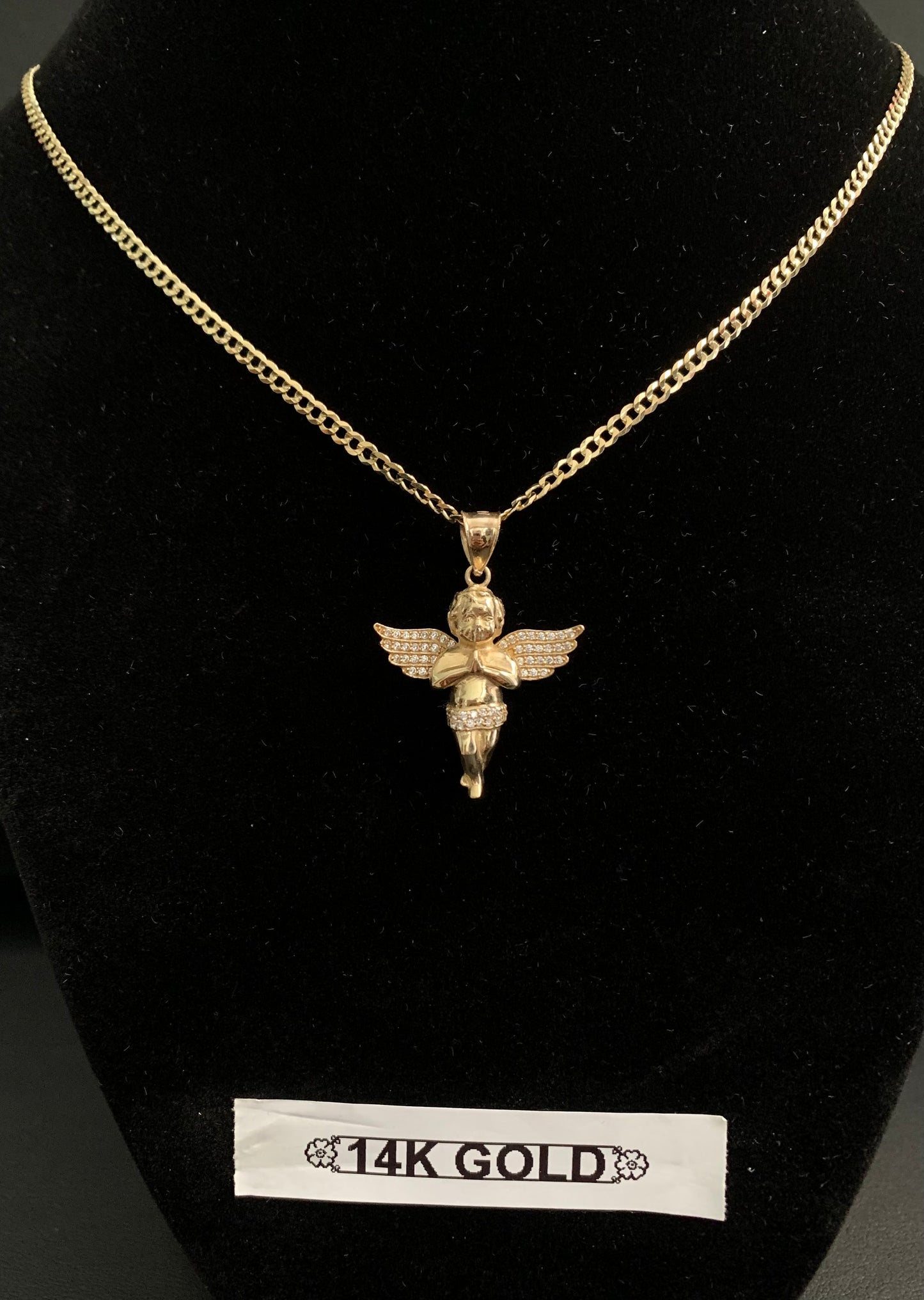 14K Solid Gold   Zircon Angel Pendant With Necklace