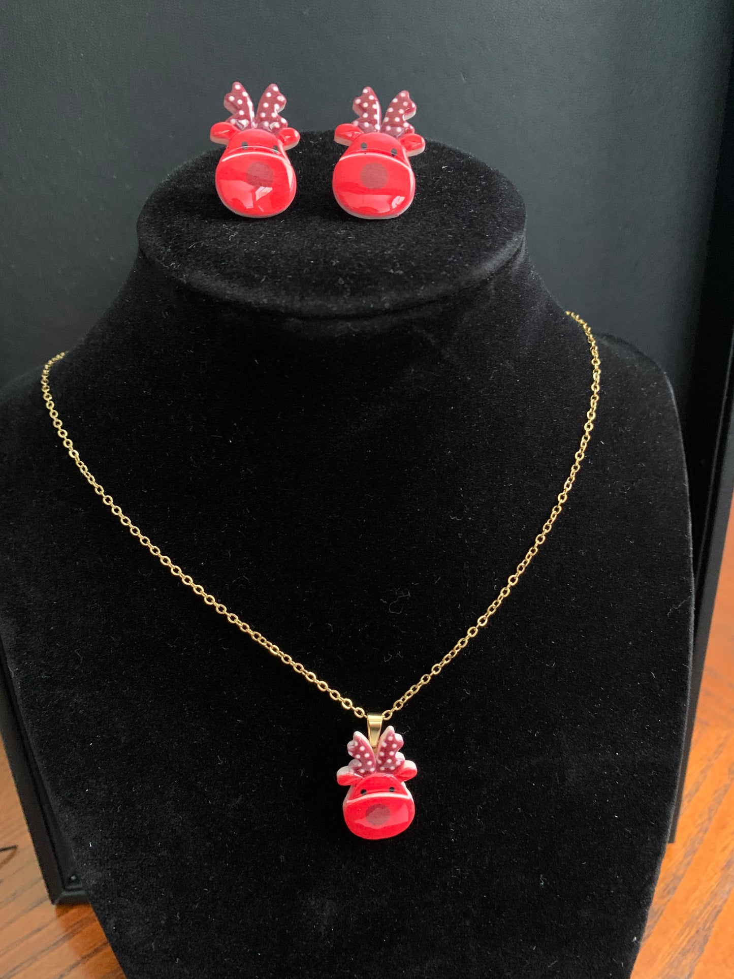 Christmas Polka Dot Deer Cabochon Necklace And Earring Set