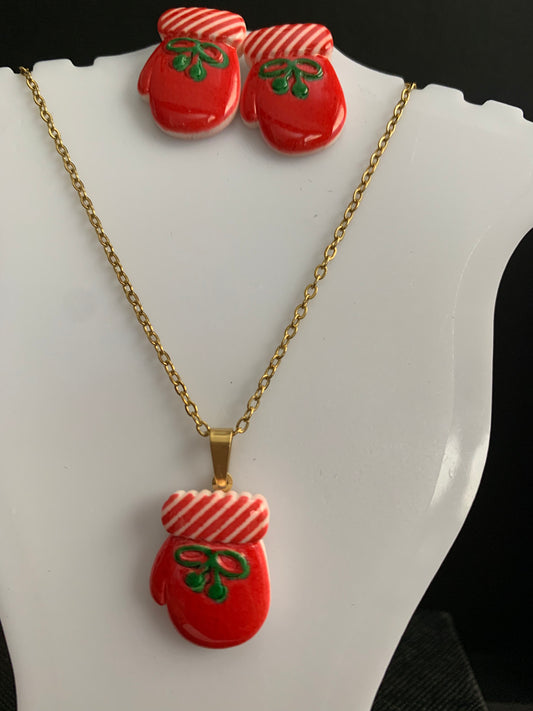 Christmas Gloves Necklace and Earring Set