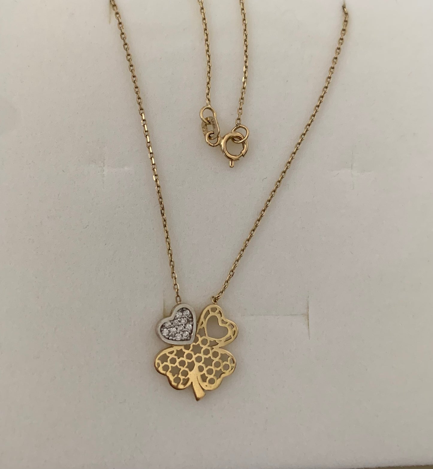 14K Gold Leaf Clover Heart Zircon Necklace Pendant