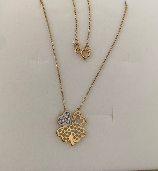 14K Gold Leaf Clover Heart Zircon Necklace Pendant