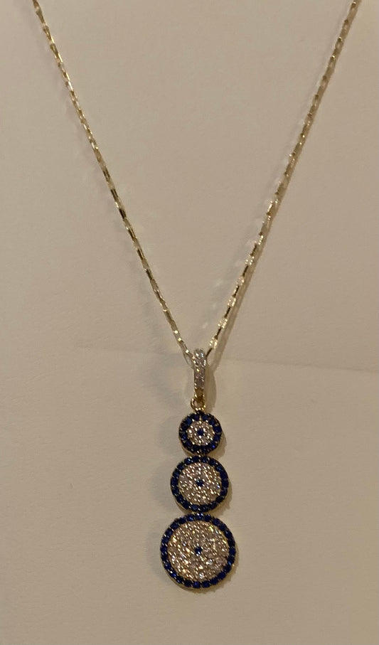 14k Gold Three Evil eye Pendant Necklace