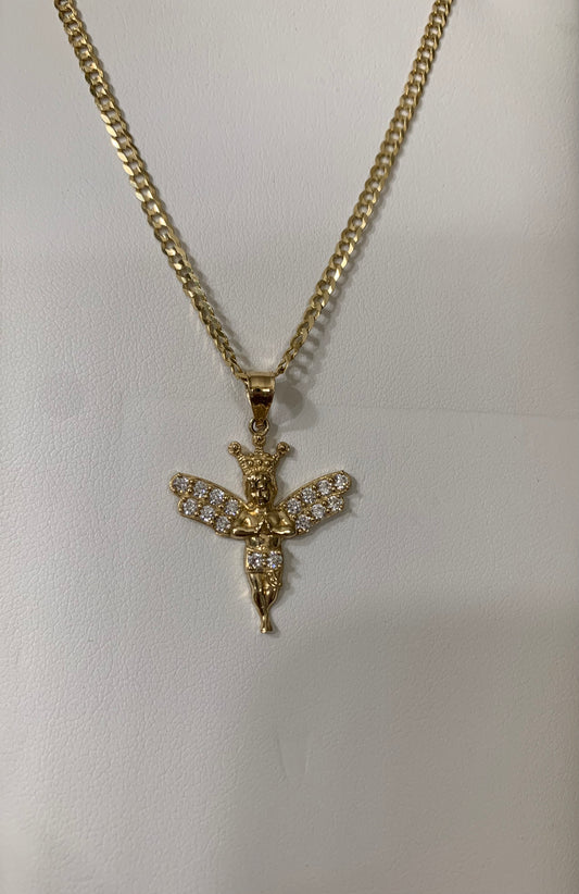 14k gold Crown Angel Cubic Zirconia Pendant and Cuban Chain