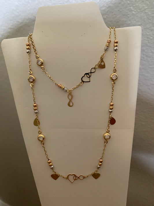 14k Gold Balls Heart and Crystal Necklace and Bracelet Set