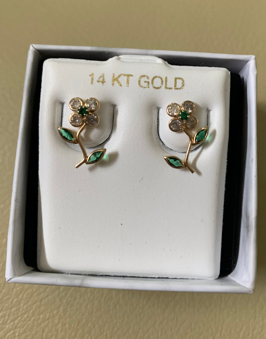 14kt Gold  Small Flower With leaf Studs Earrings