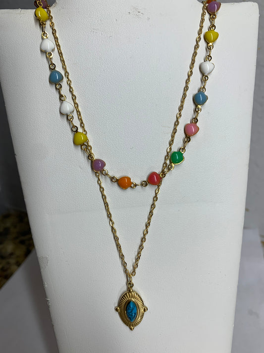 Stainless Steel Multi color Double layered necklace, Oval  pendant.