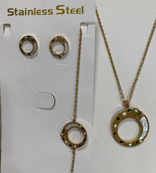 Gold Plated Stainless Steel Disc Chape Pendant, Earring and Bracelet Set.