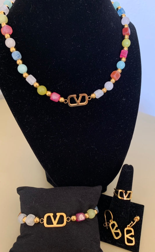 Multi color V Necklace, Bracelet, and Earring Set