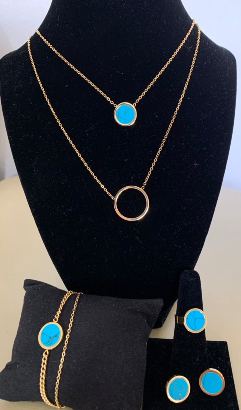 Double Chain +Circle Blue Necklace, Bracelet, Earring And Ring