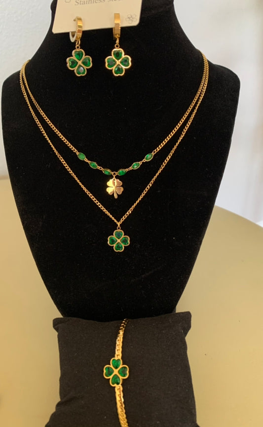 Green Four leaf Clover Double Chain 3 pcs Set: necklace, Bracelet and Earring,