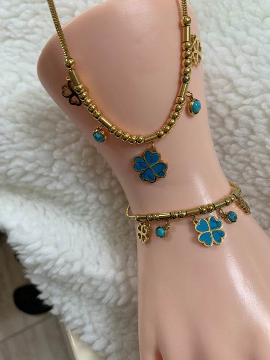 Four Leaf Clover  Bracelet and Necklace set Blue