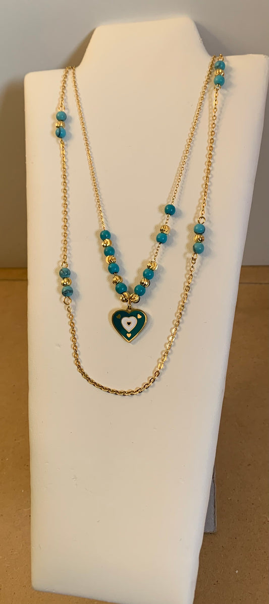 Evil Eye Heart Drop Double layer Turquoise Necklace