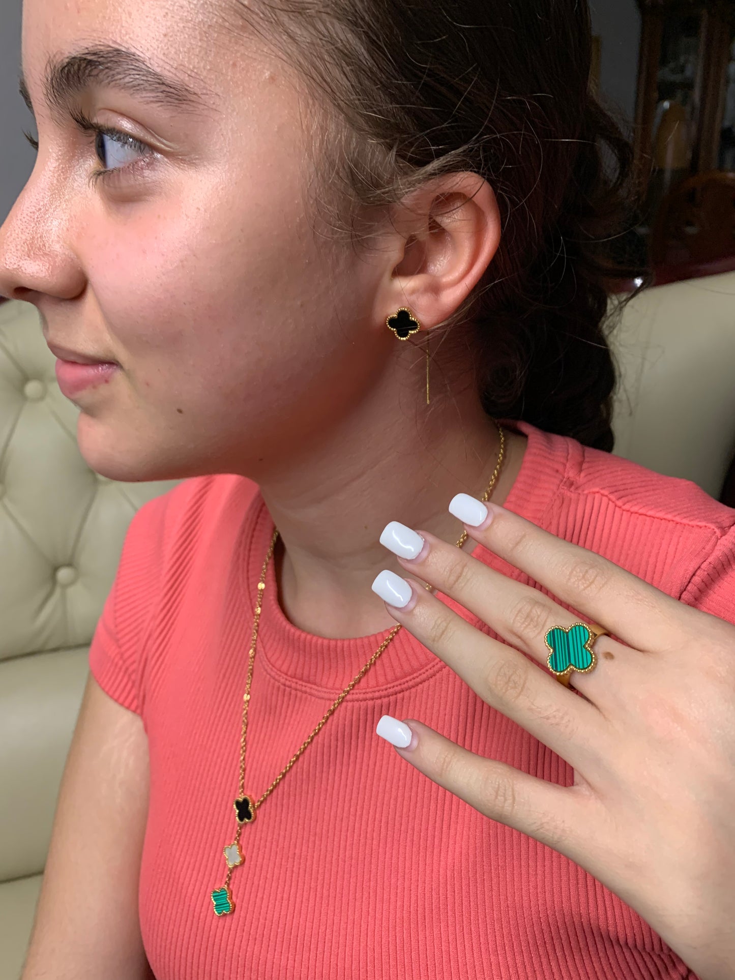 Four Leaf Clover Necklace, Bracelet, Earrings And Ring