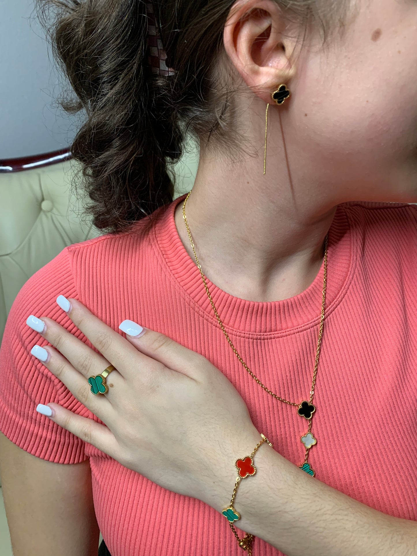 Four Leaf Clover Necklace, Bracelet, Earrings And Ring