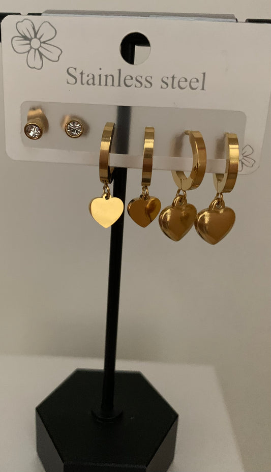 Stainless Steel  Heart Drop Earrings set Gold