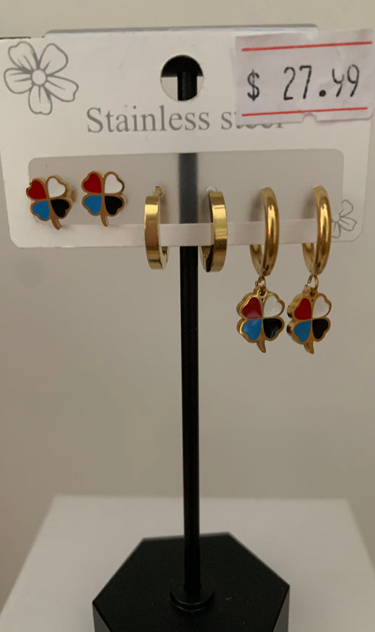 Stainless Steel Multicolor Four leaf Clover Earrings Set