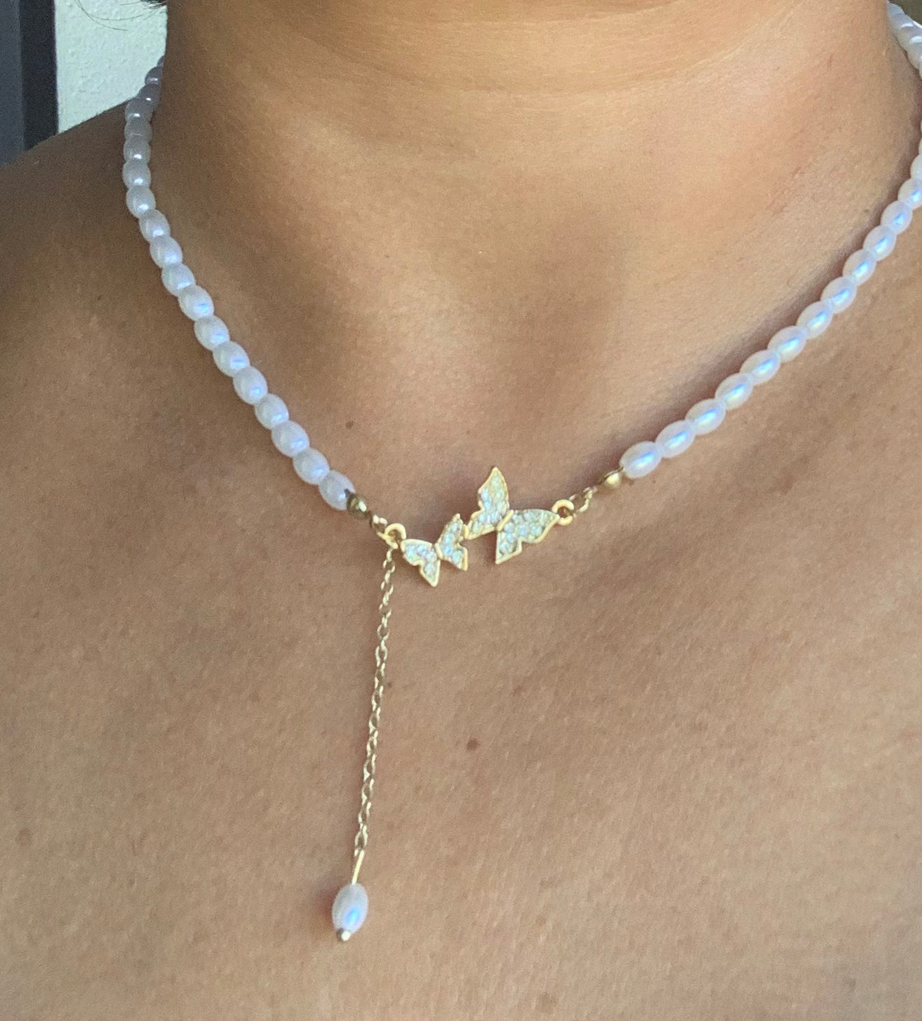 Double Butterfly Pearl Imitation Clavicle